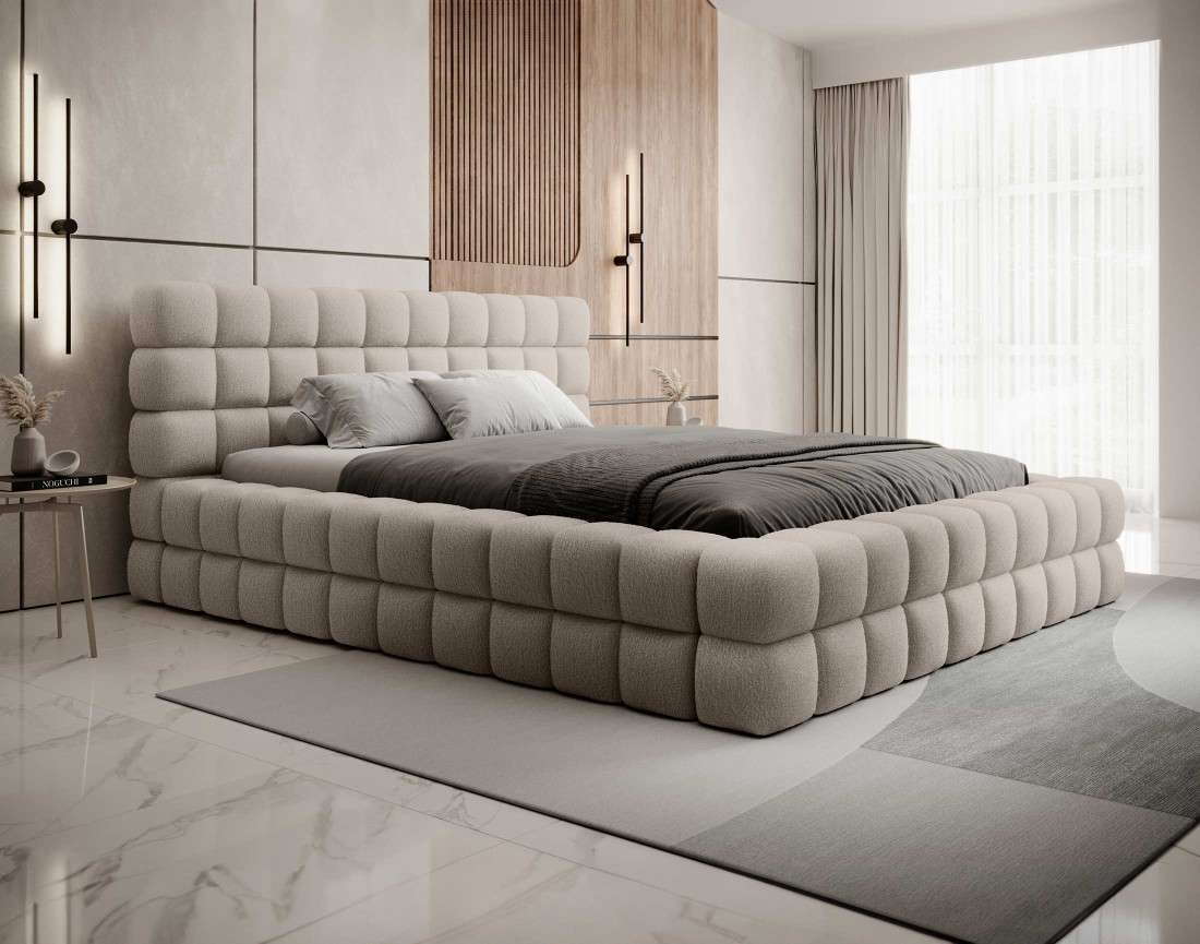 Lit coffre 160x200 cm sommier inclus en tissu bouclette Kingston