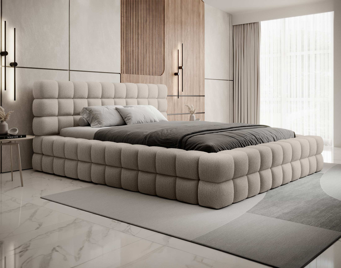 Lit coffre 180x200 cm sommier inclus en tissu bouclette Kingston