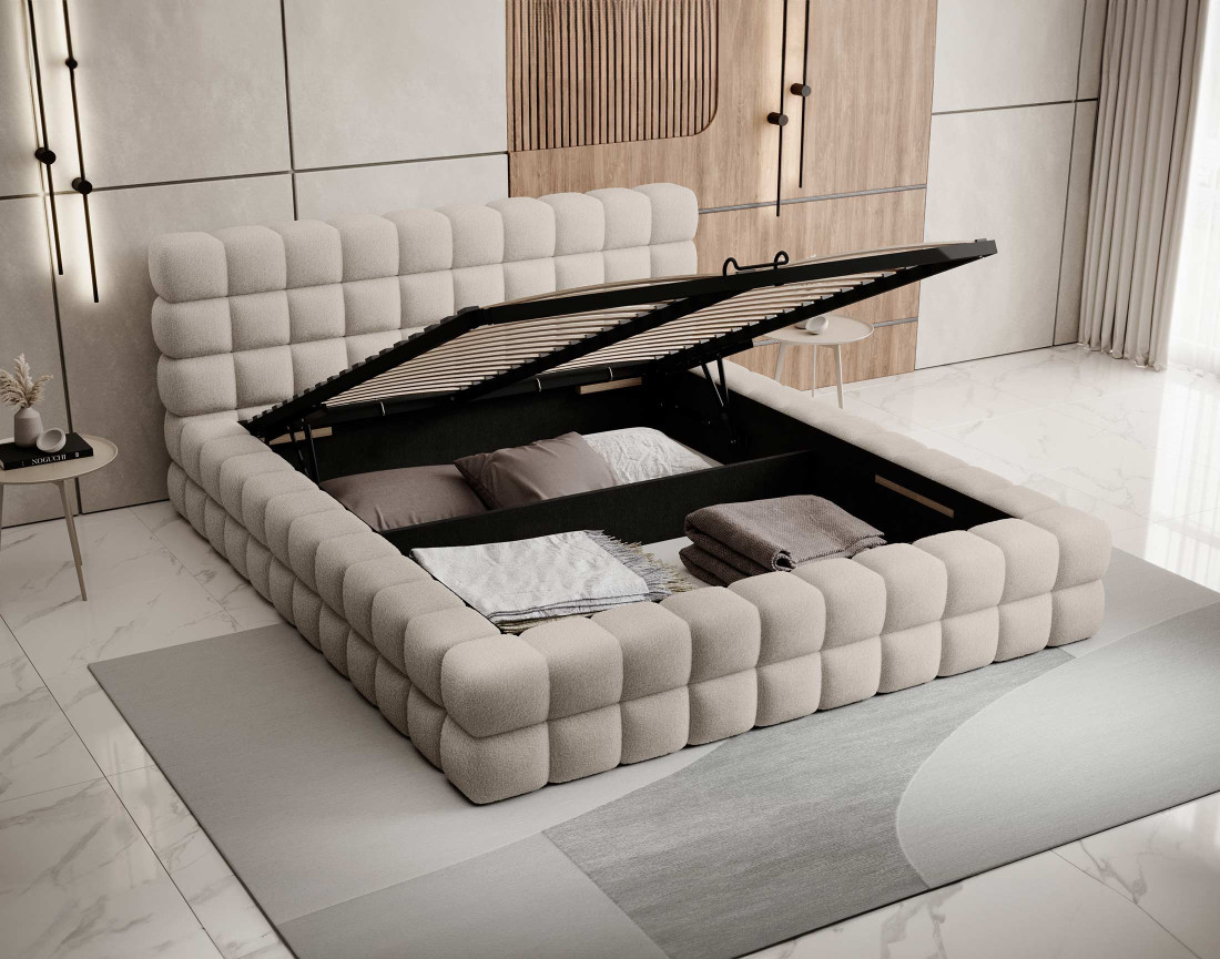 Lit coffre 180x200 cm sommier inclus en tissu bouclette Kingston