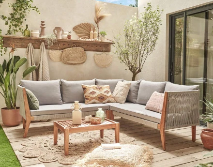 Salon bas de jardin 5 places en bois, corde et coussins gris Papua