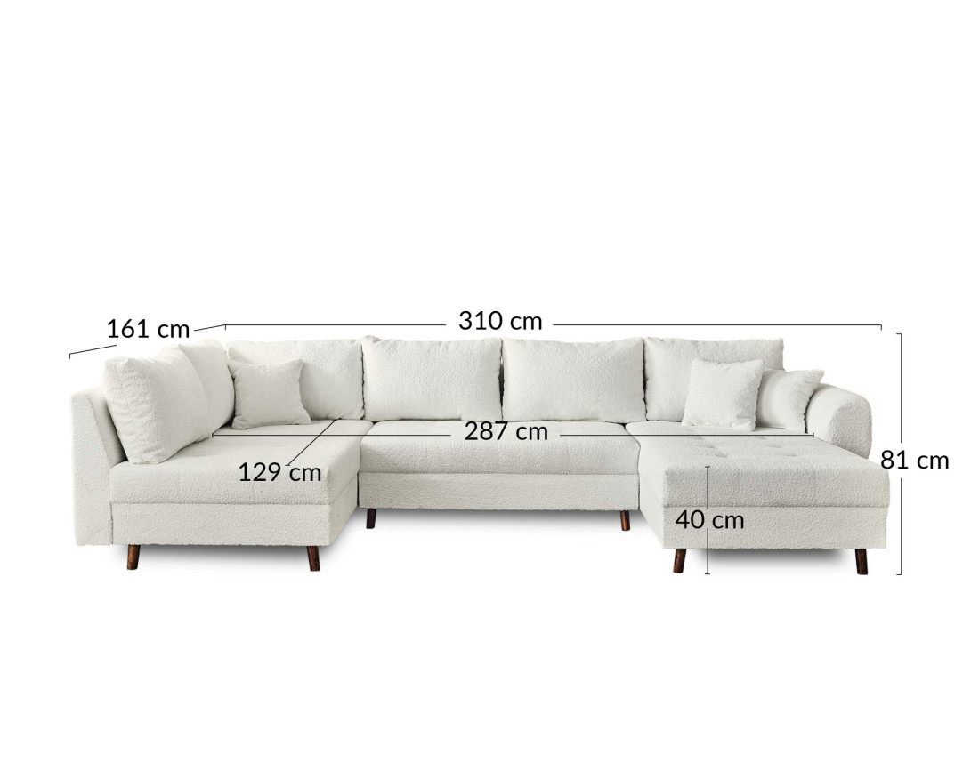 Canapé panoramique d'angle gauche 7 places avec pouf d'appoint en tissu bouclette Rune