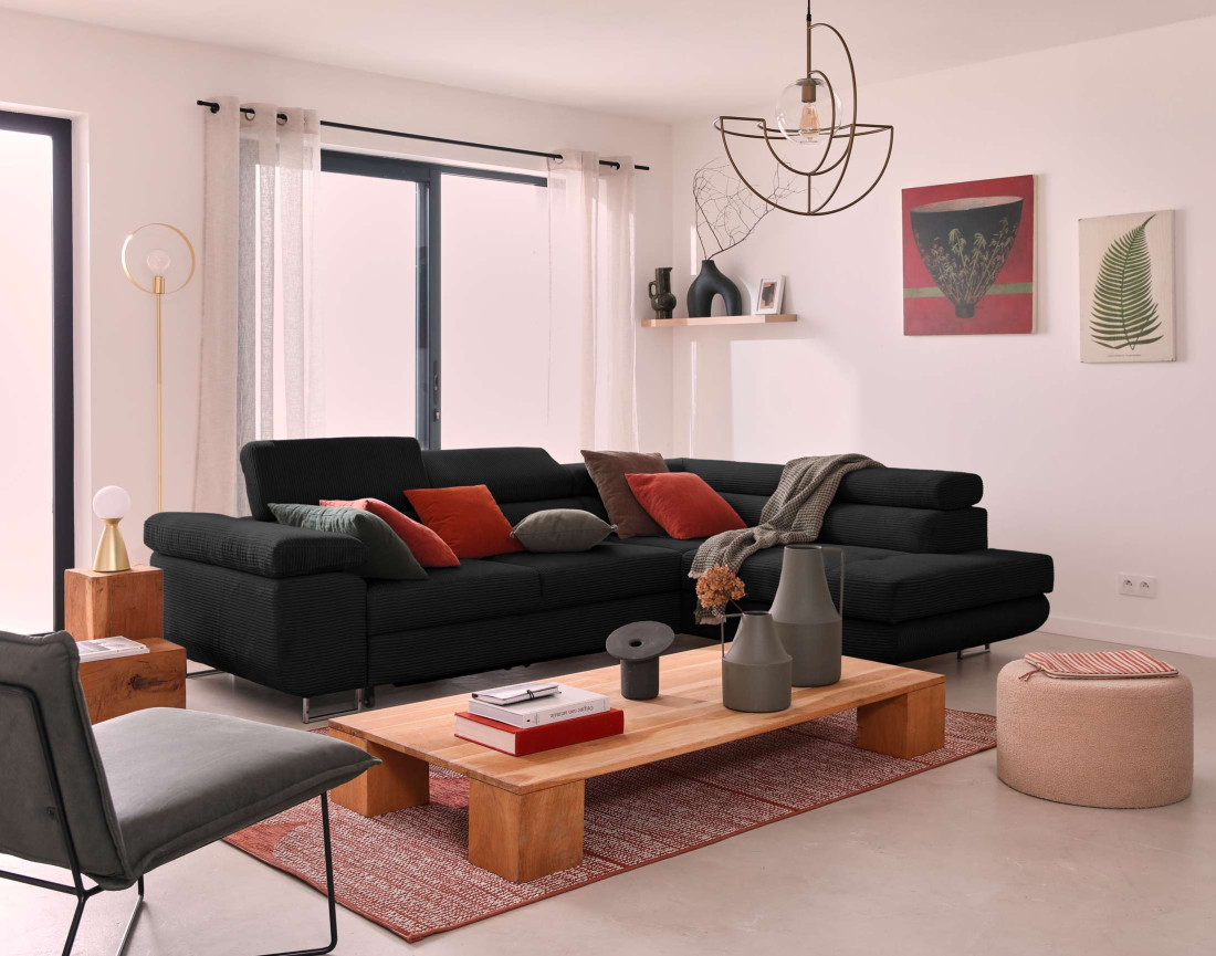 Canapé d'angle droit convertible avec coffre et têtières 5 places en velours côtelé Zaria