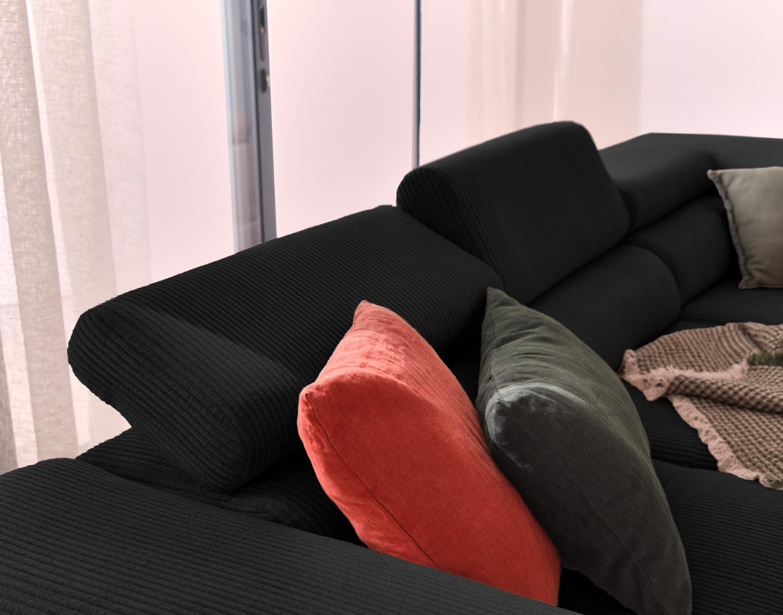 Canapé d'angle droit convertible avec coffre et têtières 5 places en velours côtelé Zaria