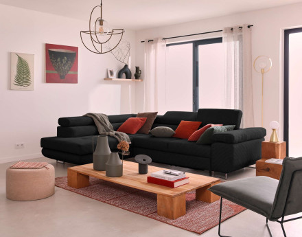 Canapé d'angle gauche convertible avec coffre et têtières 5 places en velours côtelé Zaria