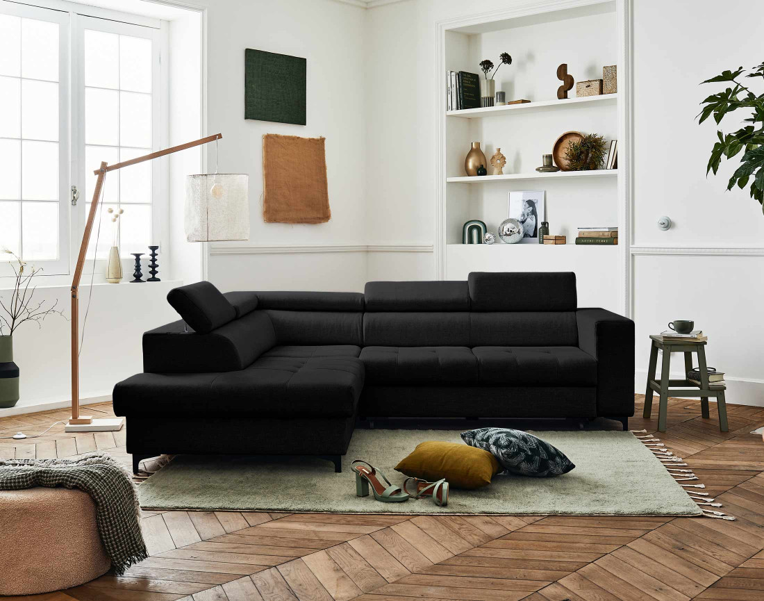 Canapé d'angle gauche 5 places convertible avec coffre et têtières en tissu Olinda