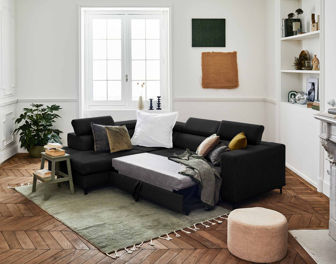 Canapé d'angle gauche 5 places convertible avec coffre et têtières en tissu Olinda