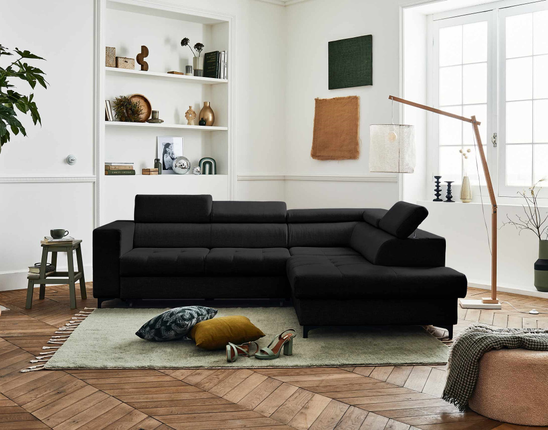 Canapé d'angle gauche 5 places convertible avec coffre et têtières réglables en tissu Olinda