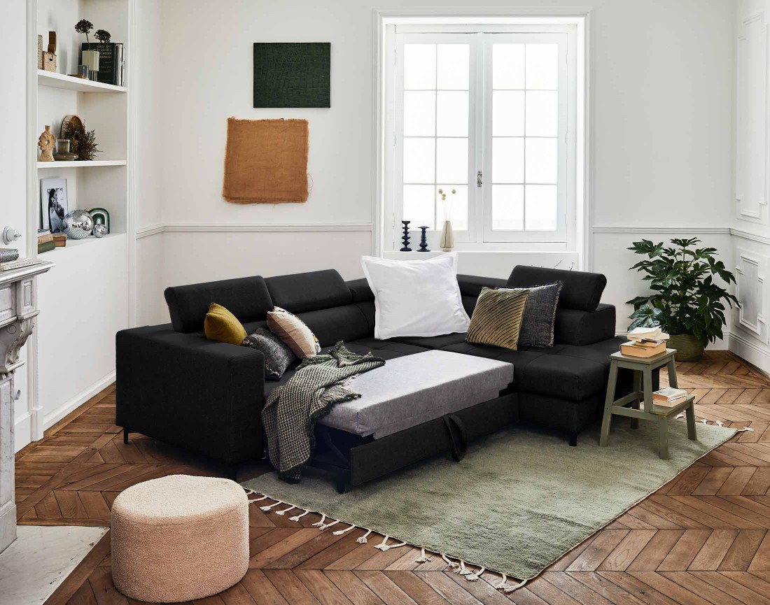 Canapé d'angle gauche 5 places convertible avec coffre et têtières réglables en tissu Olinda