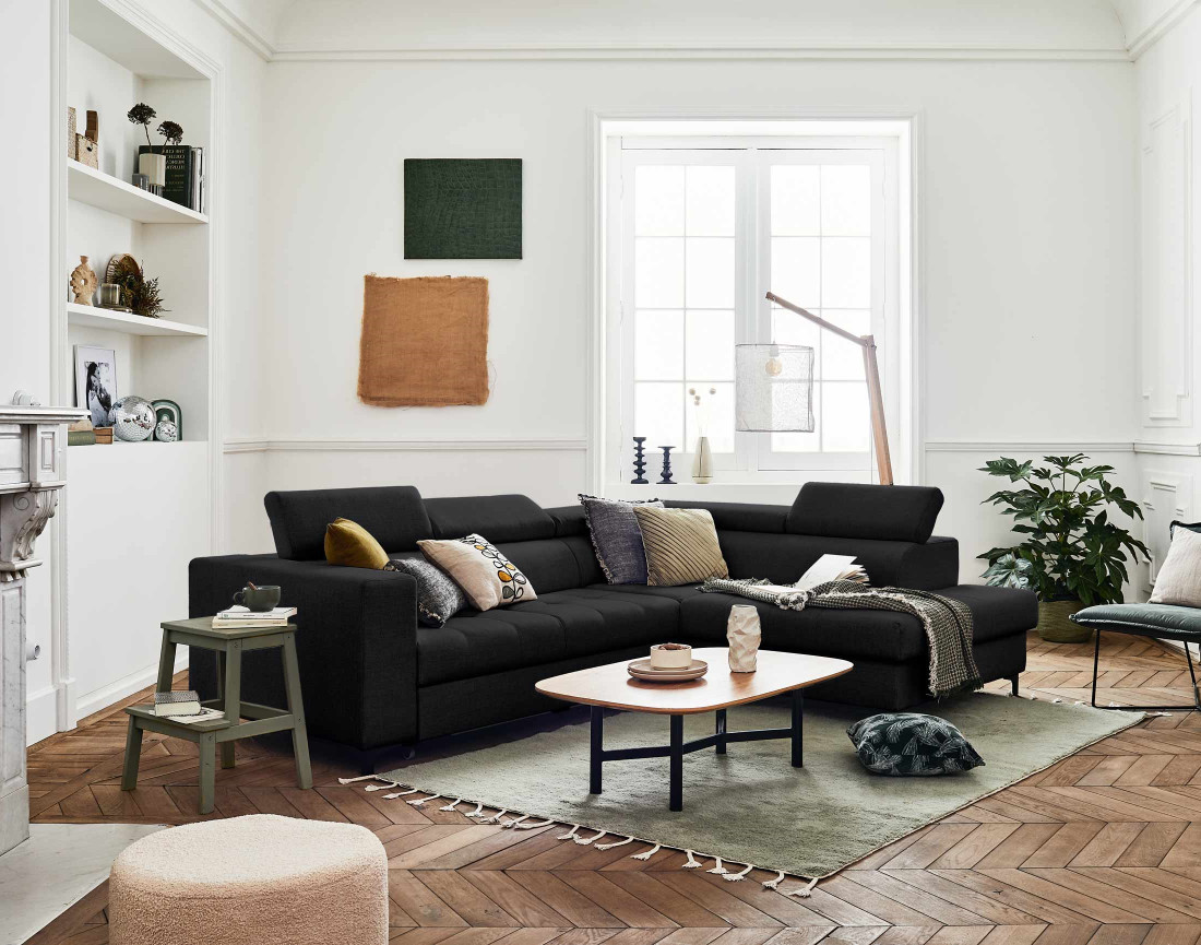 Canapé d'angle gauche 5 places convertible avec coffre et têtières réglables en tissu Olinda