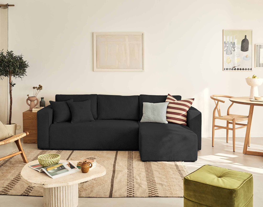 Canapé d'angle réversible 4 places convertible avec coffre en velours texturé Topaze