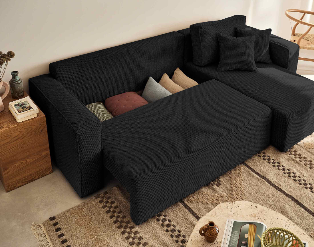 Canapé d'angle réversible 4 places convertible avec coffre en velours texturé Topaze