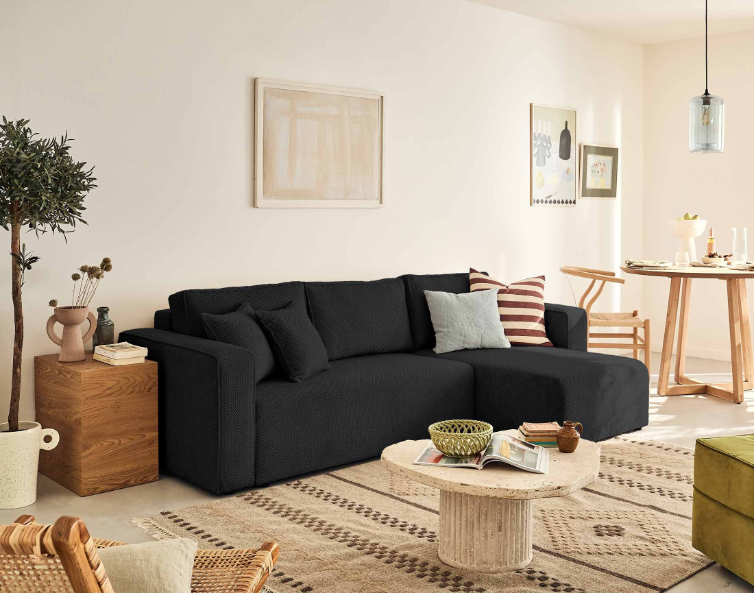 Canapé d'angle réversible 4 places convertible avec coffre en velours texturé Topaze