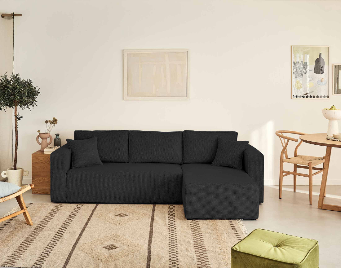 Canapé d'angle réversible 4 places convertible avec coffre en velours texturé Topaze