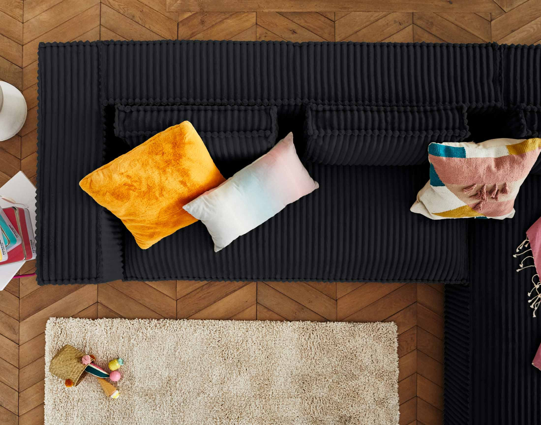 Canapé d'angle droit 4 places en velours côtelé grosses côtes Stella