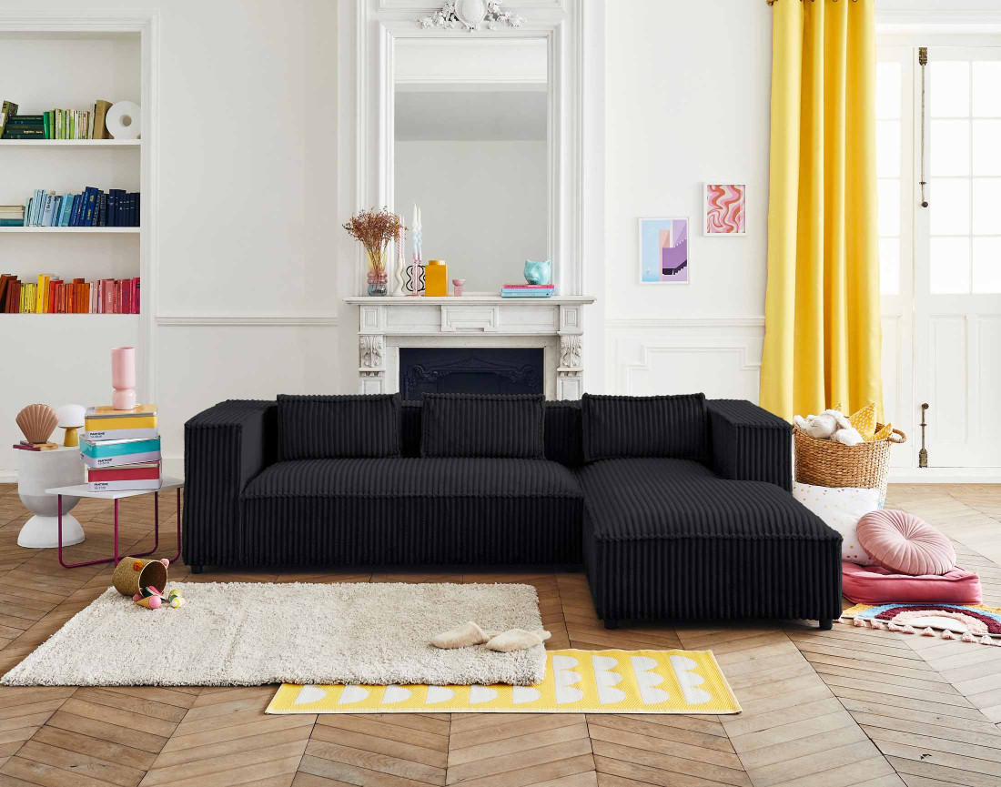 Canapé d'angle droit 4 places en velours côtelé grosses côtes Stella