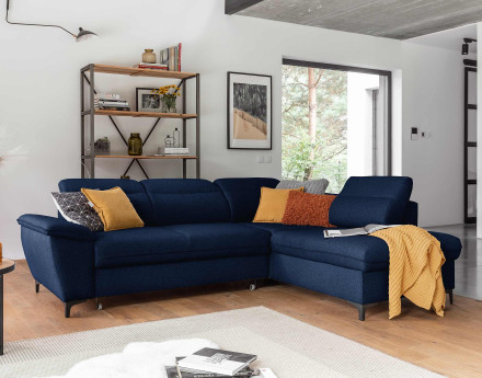 Canapé d'angle droit 5 places convertible avec coffre et têtières en tissu Clever