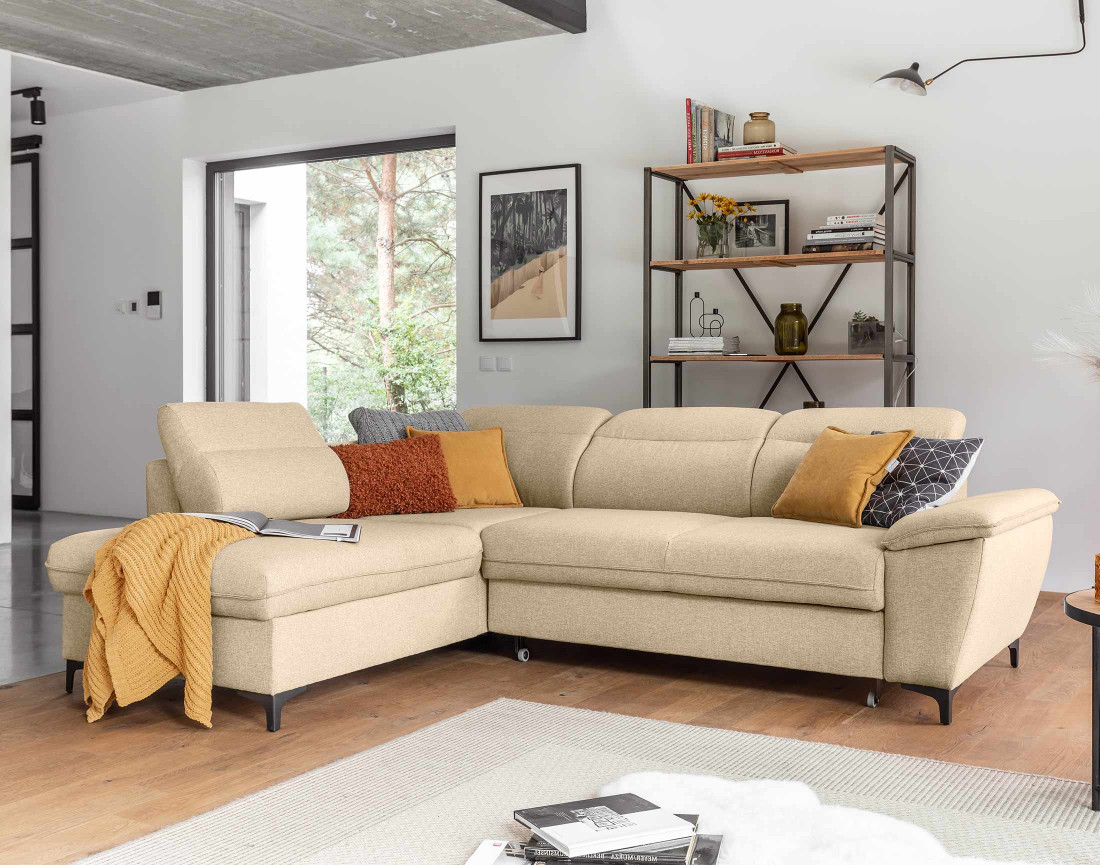 Canapé d'angle gauche 5 places convertible avec coffre et têtières en tissu Clever