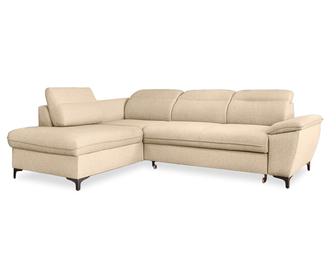 Canapé d'angle gauche 5 places convertible avec coffre et têtières en tissu Clever