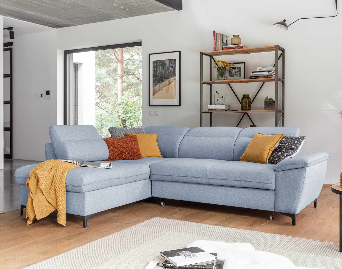 Canapé d'angle gauche 5 places convertible avec coffre et têtières en tissu Clever