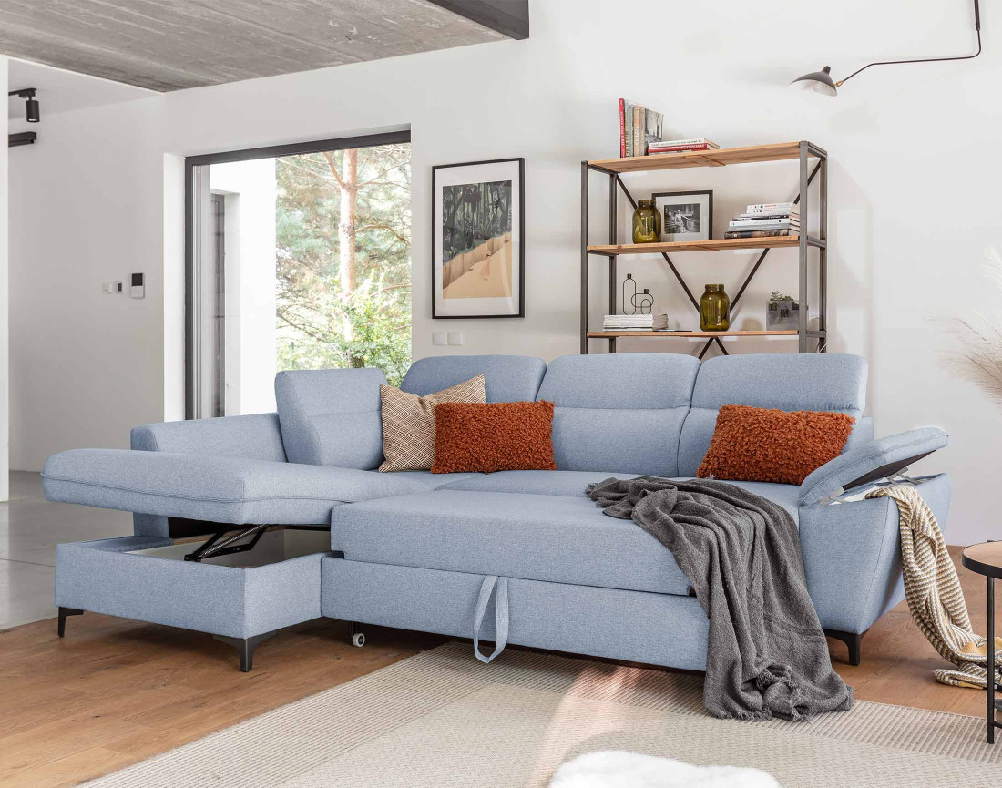 Canapé d'angle gauche 5 places convertible avec coffre et têtières en tissu Clever