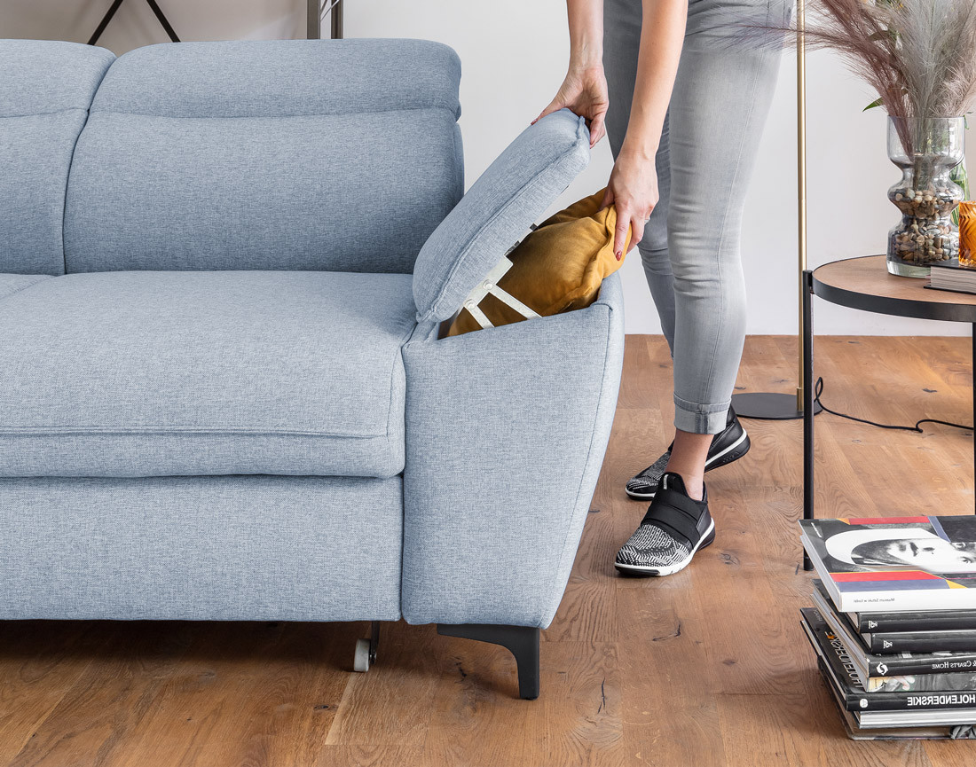 Canapé d'angle gauche 5 places convertible avec coffre et têtières en tissu Clever