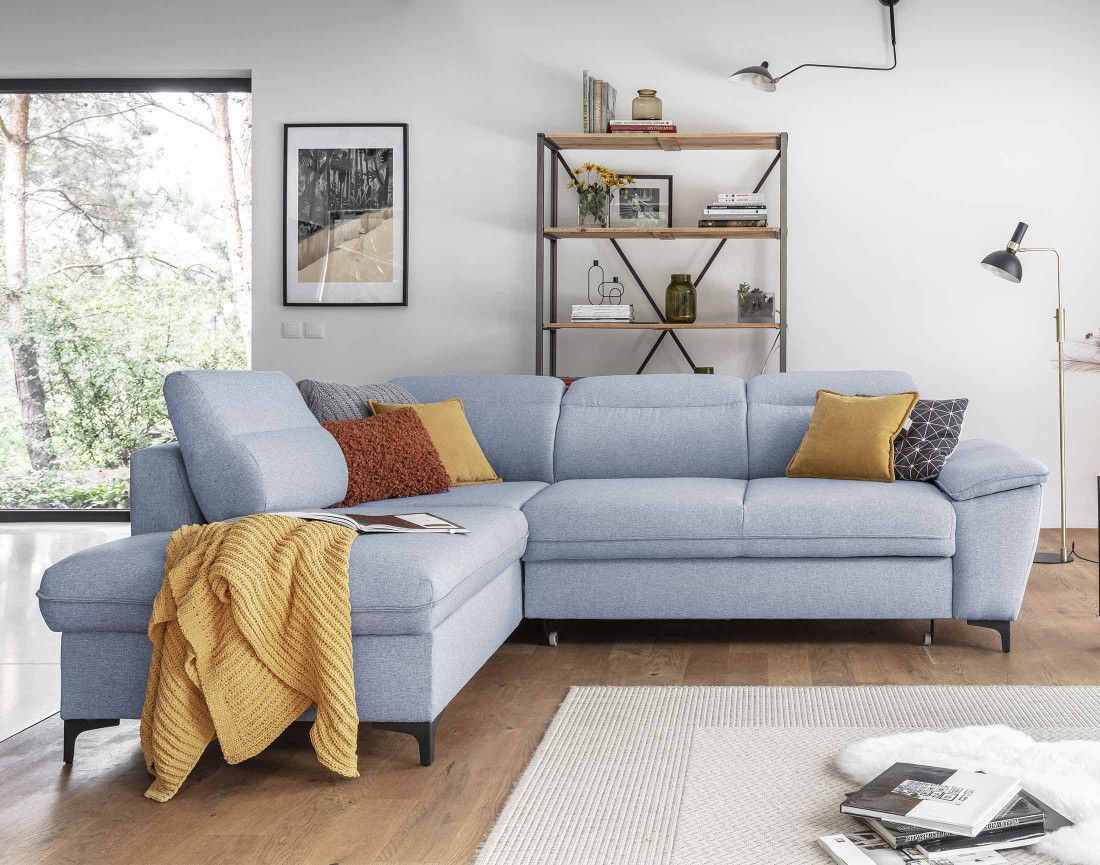 Canapé d'angle gauche 5 places convertible avec coffre et têtières en tissu Clever