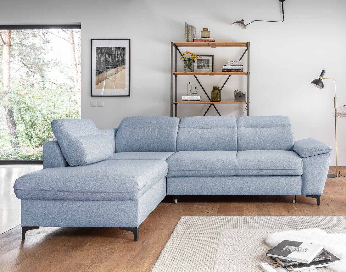 Canapé d'angle gauche 5 places convertible avec coffre et têtières en tissu Clever
