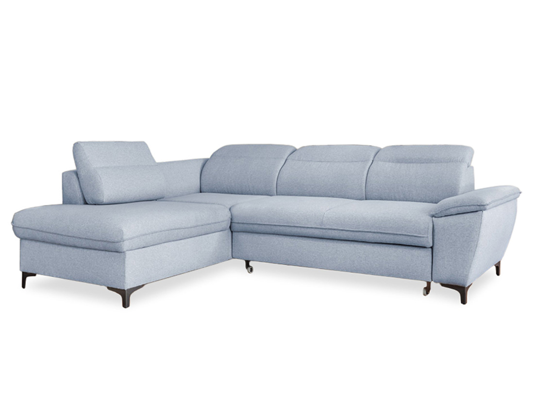 Canapé d'angle gauche 5 places convertible avec coffre et têtières en tissu Clever