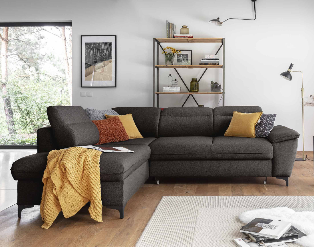 Canapé d'angle gauche 5 places convertible avec coffre et têtières en tissu Clever