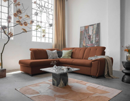 Canapé d'angle gauche 5 places convertible avec coffre et têtières en tissu Paul