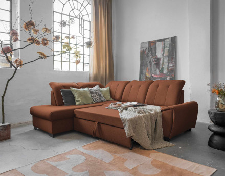 Canapé d'angle gauche 5 places convertible avec coffre et têtières en tissu Paul