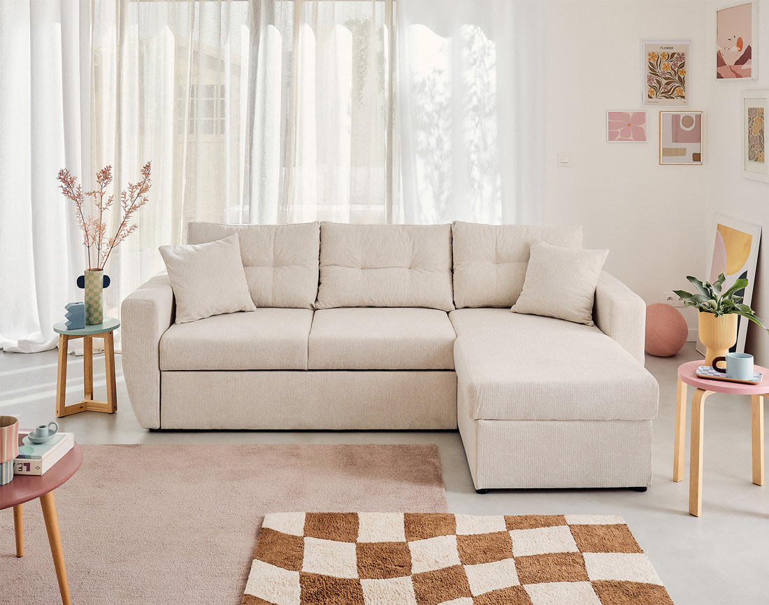 Canapé d'angle réversible 4 places convertible avec coffre en tissu texturé Astoria