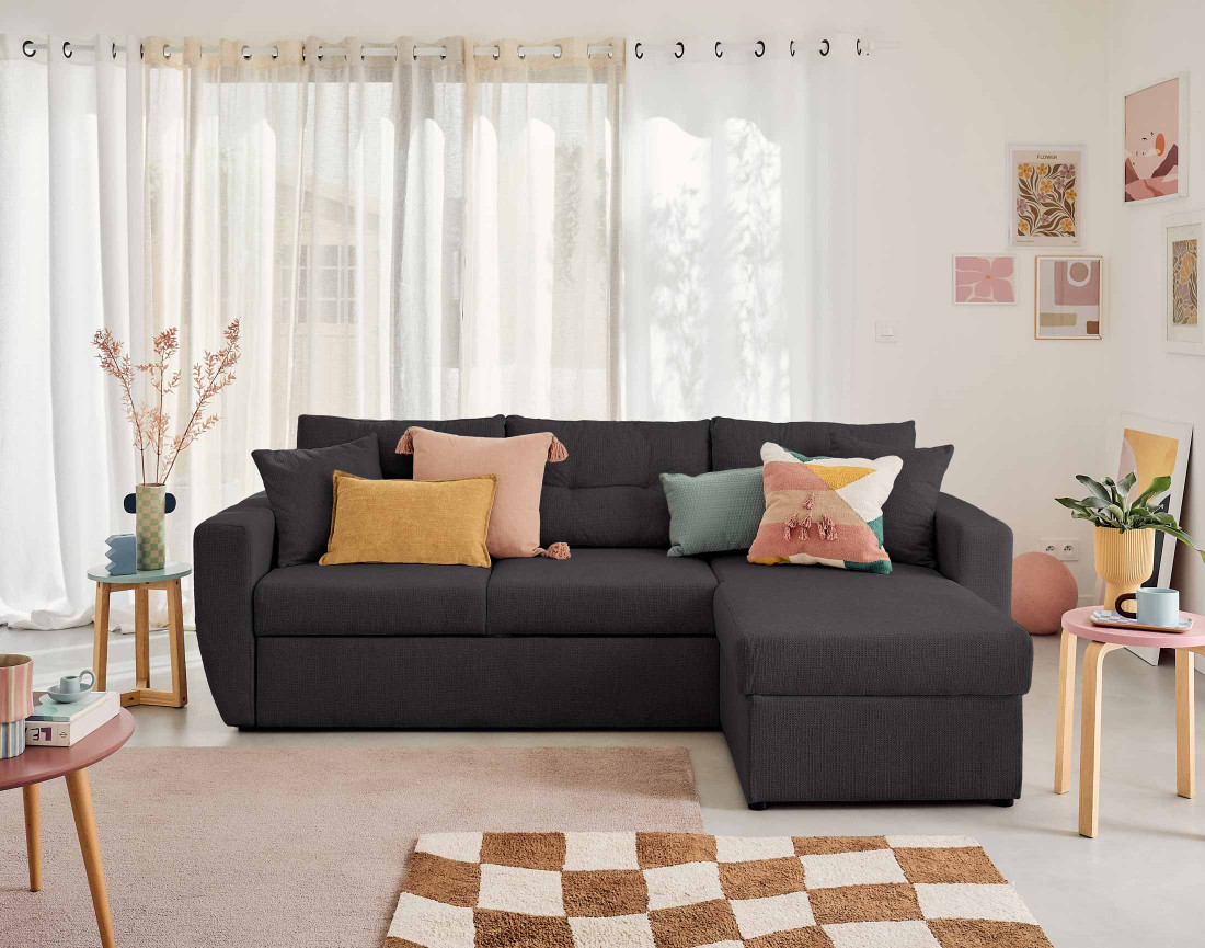 Canapé d'angle réversible 4 places convertible avec coffre en tissu texturé Astoria