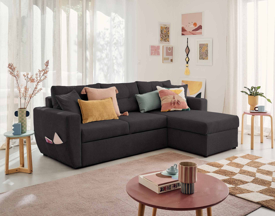 Canapé d'angle réversible 4 places convertible avec coffre en tissu texturé Astoria