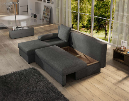 Canapé d'angle réversible 4 places convertible avec coffre en tissu Numancia