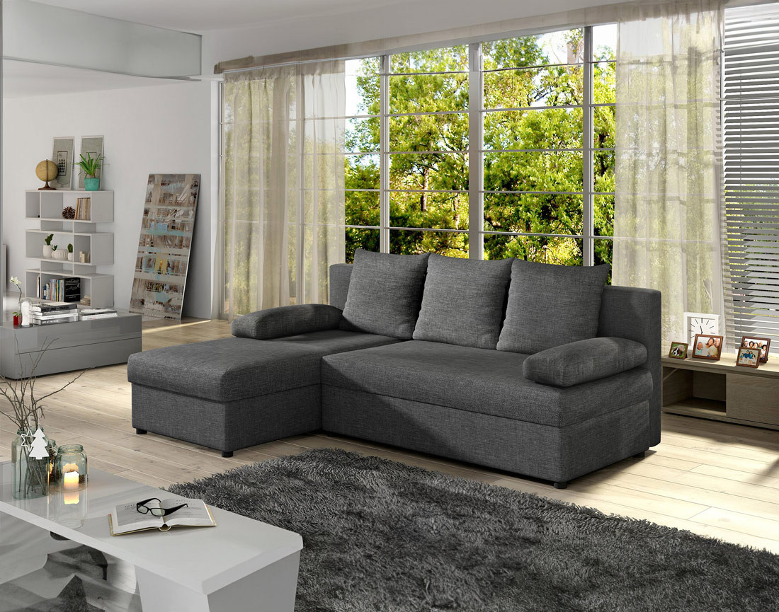 Canapé d'angle réversible 4 places convertible avec coffre en tissu Numancia Canapé d'angle réversible 4 places convertible avec coffre en tissu Numancia