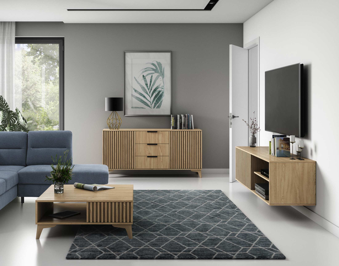 Buffet bas bois 3 tiroirs et 2 portes 150 cm Portmore