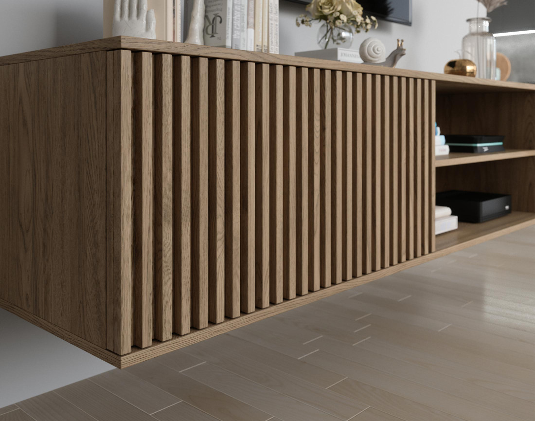 Meuble TV suspendu en bois 2 niches et 1 porte 150 cm Portmore