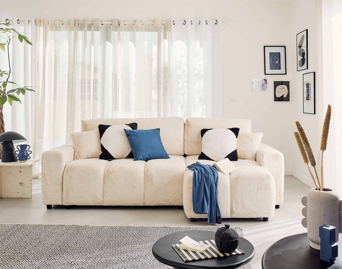 Canapé d'angle réversible convertible avec coffre 4 places en fausse fourrure Crocus Canapé d'angle réversible convertible avec coffre 4 places en fausse fourrure Crocus