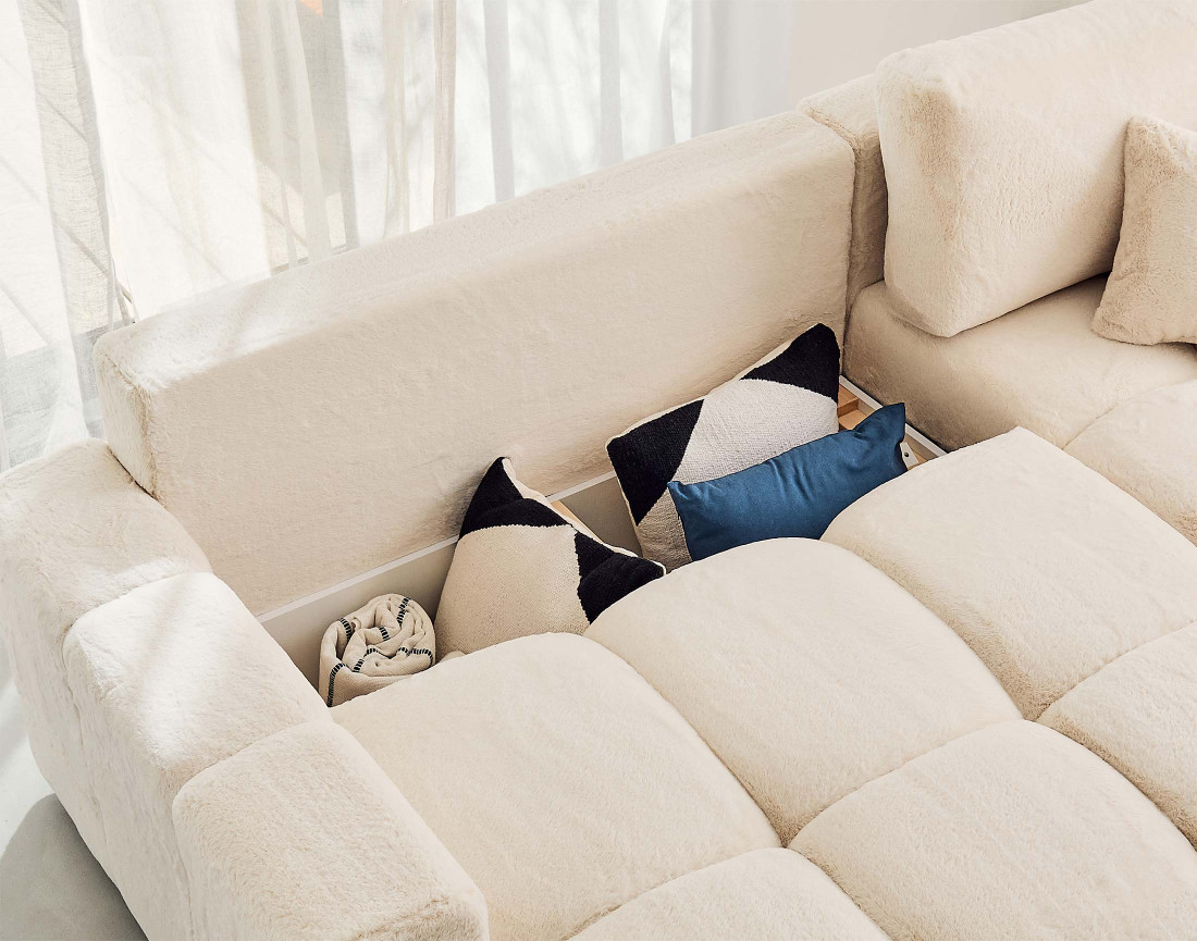 Canapé d'angle réversible convertible avec coffre 4 places en fausse fourrure Crocus Canapé d'angle réversible convertible avec coffre 4 places en fausse fourrure Crocus