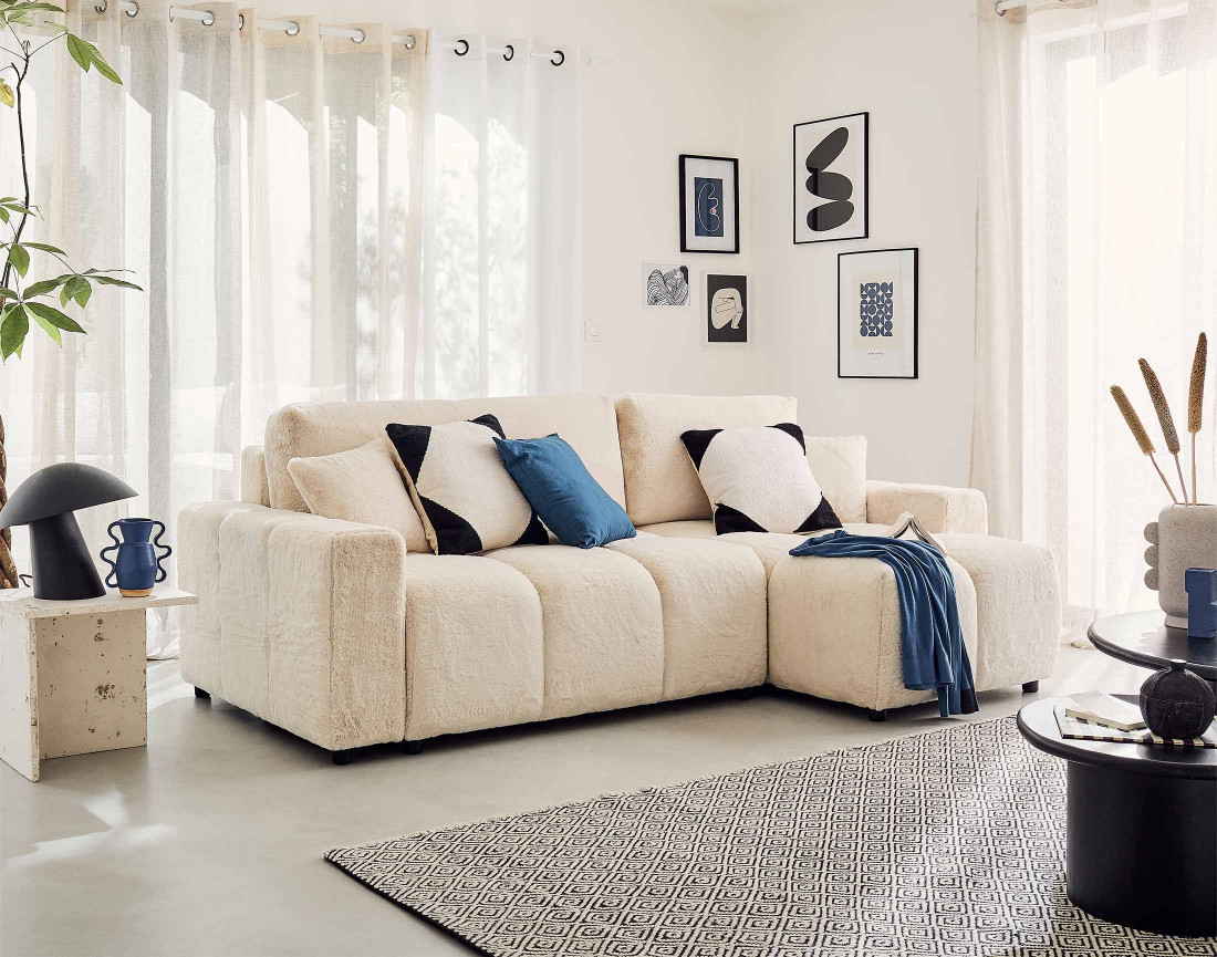 Canapé d'angle réversible convertible avec coffre 4 places en fausse fourrure Crocus Canapé d'angle réversible convertible avec coffre 4 places en fausse fourrure Crocus