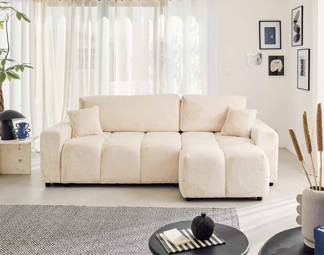 Canapé d'angle réversible convertible avec coffre 4 places en fausse fourrure Crocus Canapé d'angle réversible convertible avec coffre 4 places en fausse fourrure Crocus