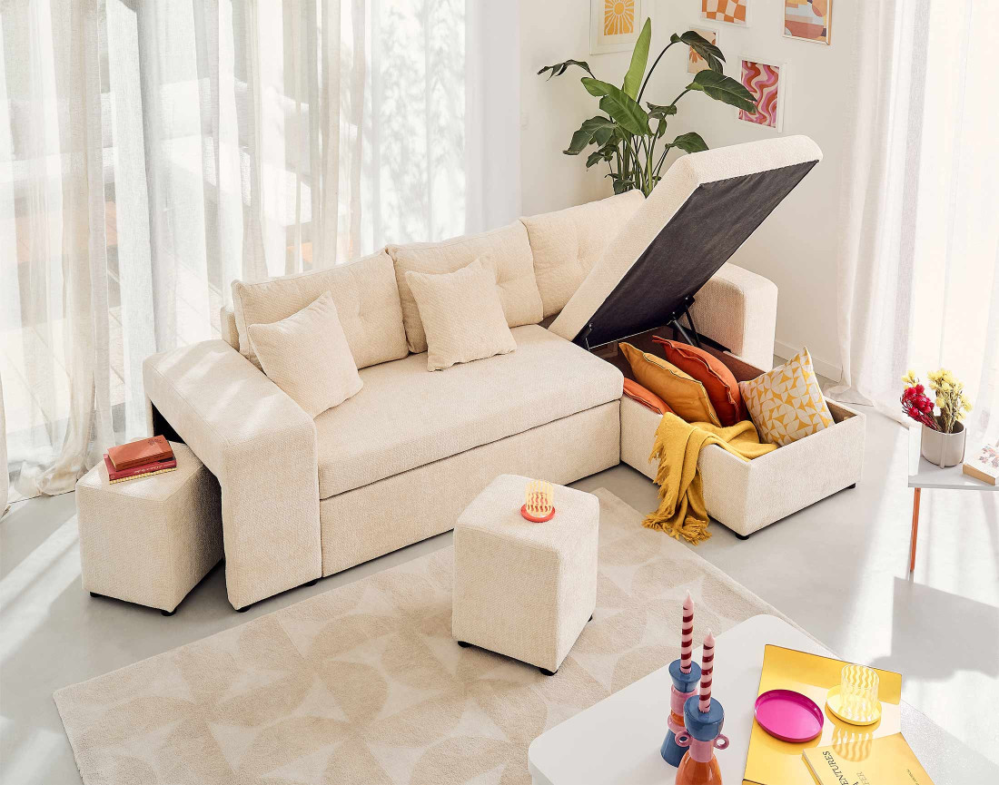 Canapé d'angle réversible 4 places convertible avec coffre, étagère et poufs en velours texturé California Canapé d'angle réversible 4 places convertible avec coffre, étagère et poufs en velours texturé California