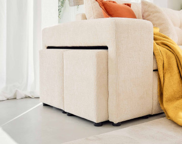 Canapé d'angle réversible 4 places convertible avec coffre, étagère et poufs en velours texturé California