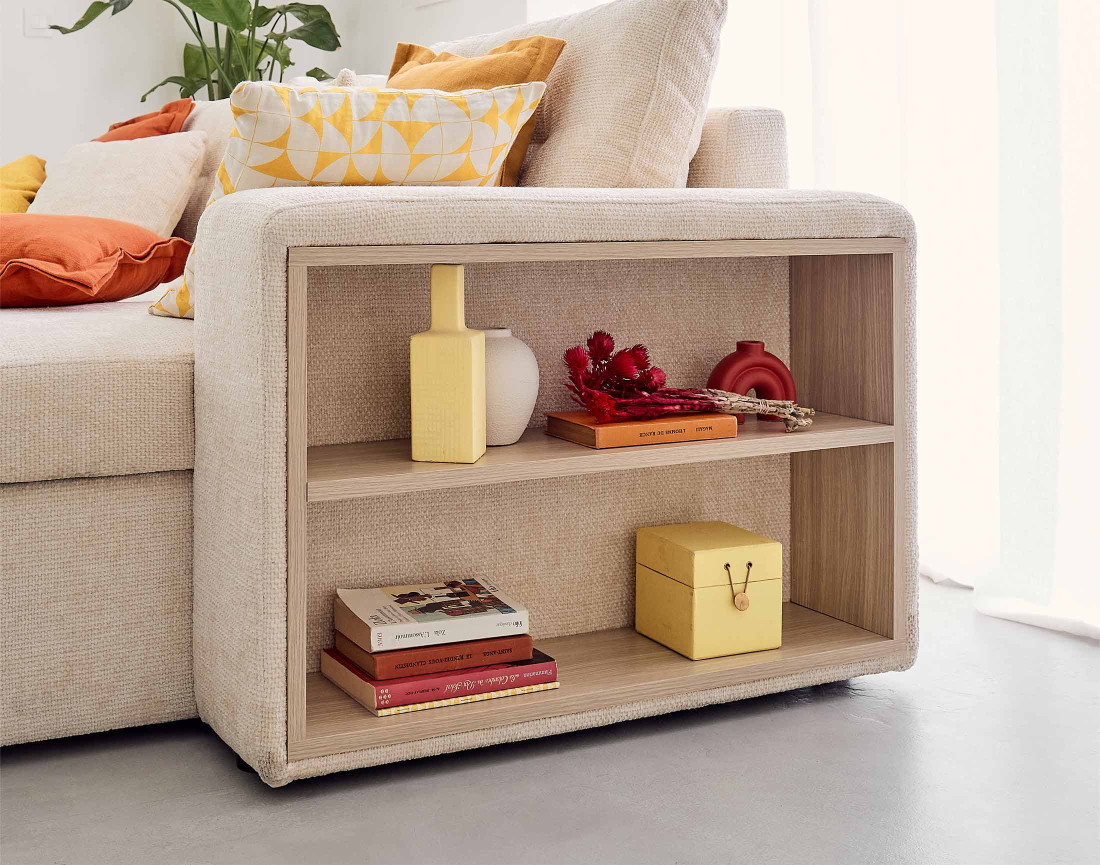 Canapé d'angle réversible 4 places convertible avec coffre, étagère et poufs en velours texturé California Canapé d'angle réversible 4 places convertible avec coffre, étagère et poufs en velours texturé California