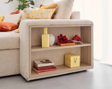 Canapé d'angle réversible 4 places convertible avec coffre, étagère et poufs en velours texturé California