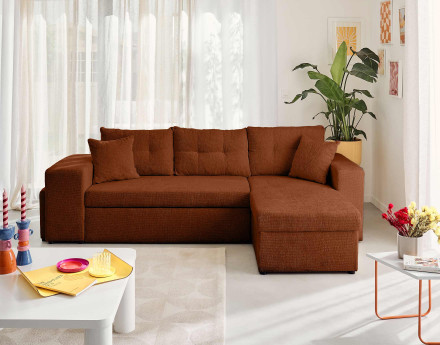 Canapé d'angle réversible 4 places convertible avec coffre, étagère et poufs en velours texturé California