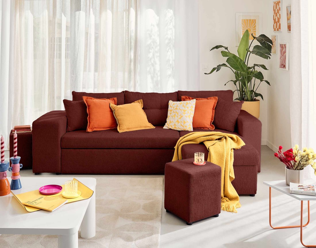 Canapé d'angle réversible 4 places convertible avec coffre, étagère et poufs en velours texturé California