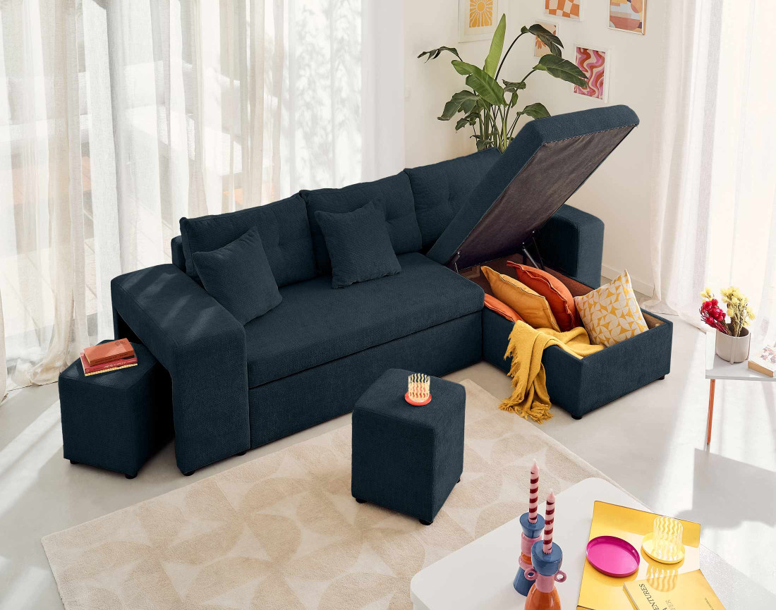 Canapé d'angle réversible 4 places convertible avec coffre, étagère et poufs en velours texturé California