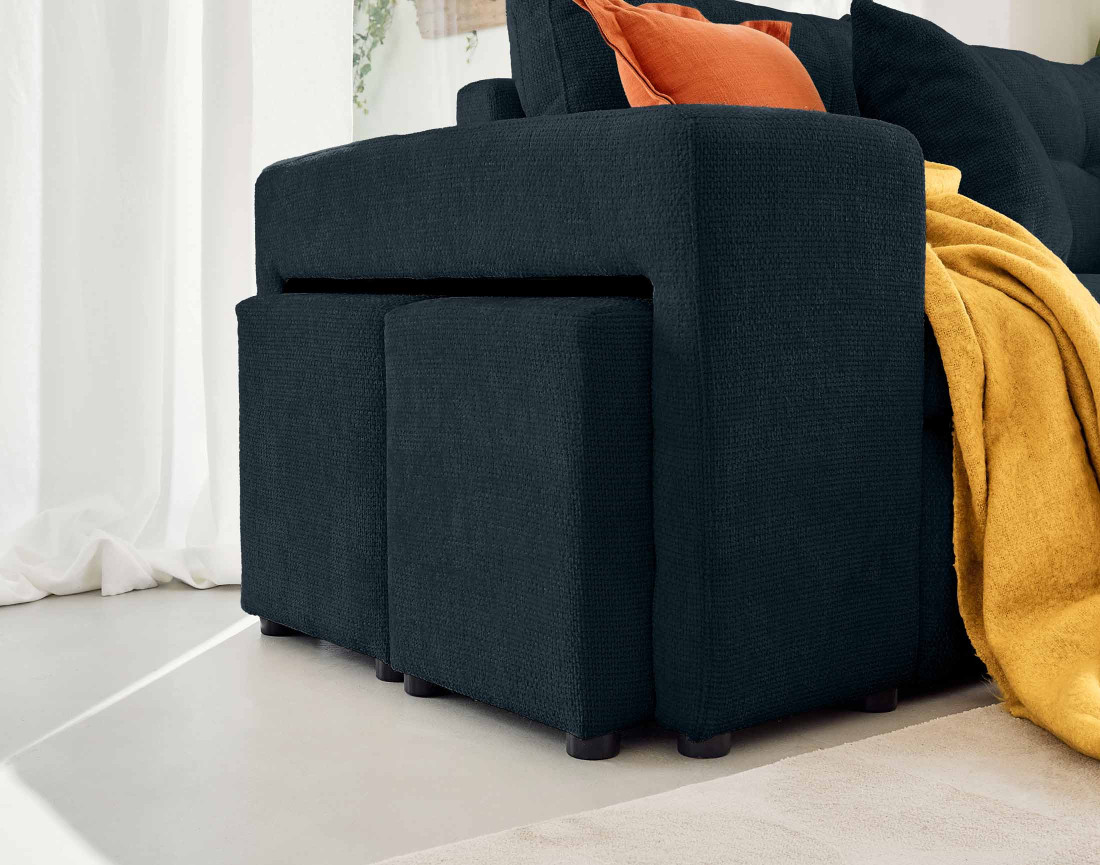 Canapé d'angle réversible 4 places convertible avec coffre, étagère et poufs en velours texturé California